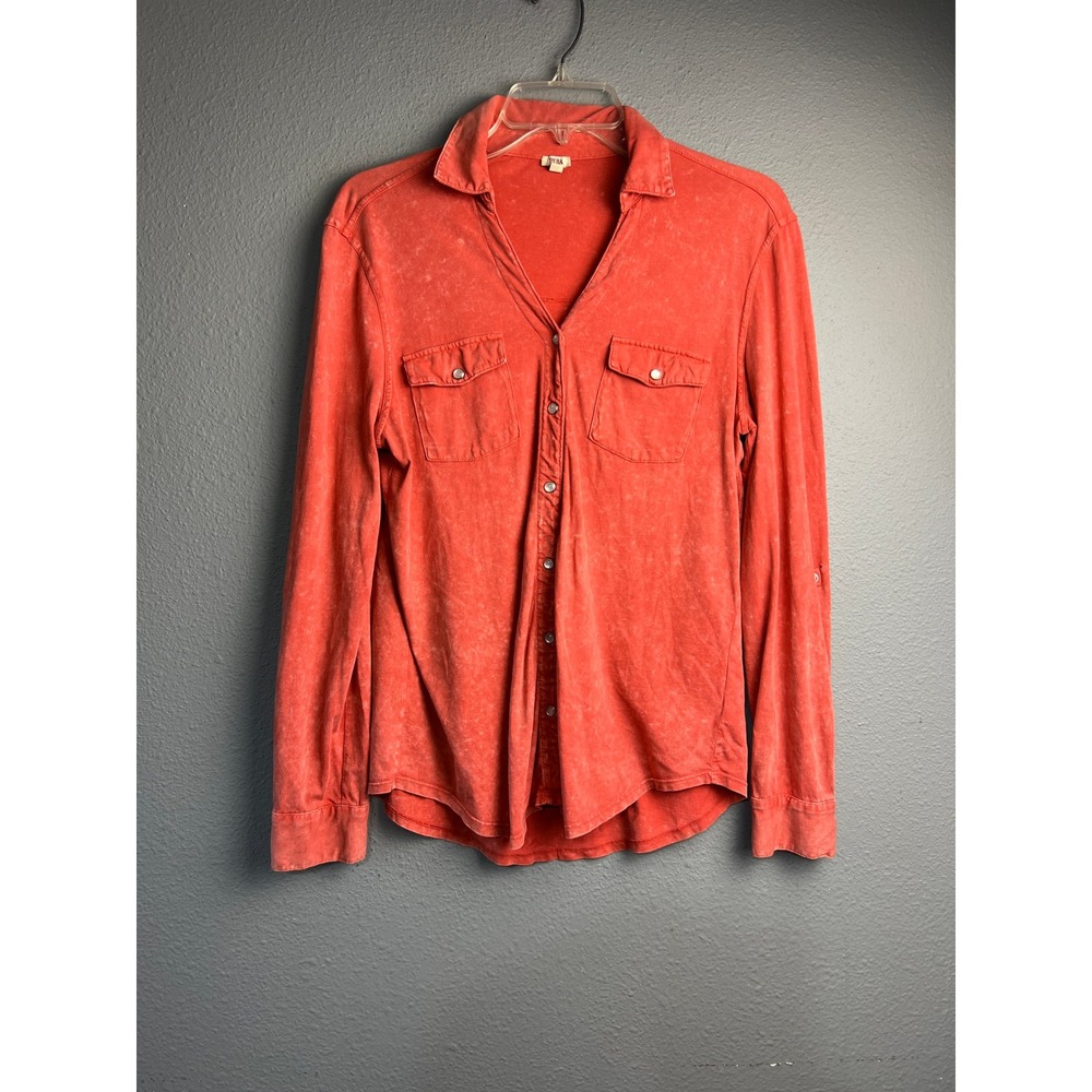 Reba Womens Acid Wash Snap Button Down Shirt Coral Orange Long Sleeve Medium